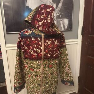 Boho Floral Patchwork Fleece Lined Hooded Full Zip Mid Length Jacket